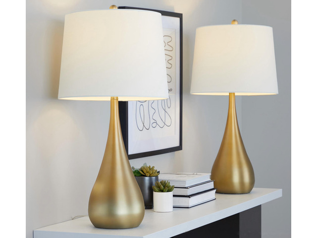 29' Contemporary Metal Table Lamp in Gold Metal with White Linen Shade From Grandview Gallery - Set Of 2