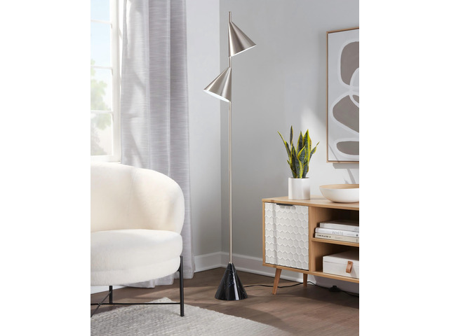 65' Contemporary Metal Floor Lamp in Plated Nickel with A Black Faux Marble Metal Base