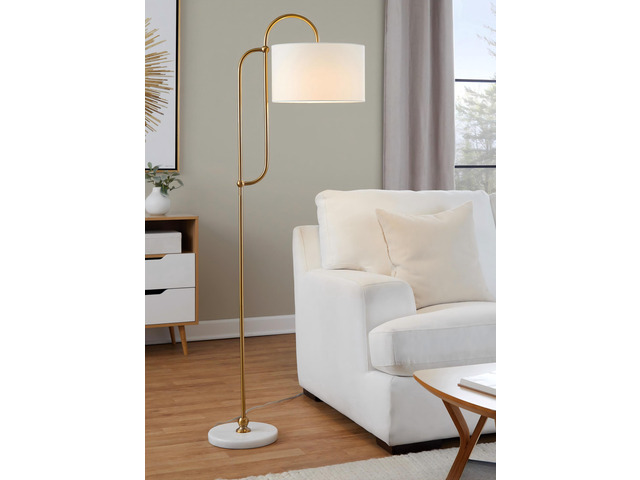Leslie 63' Metal Floor Lamp in White Marble and Gold Metal with White Linen Shade