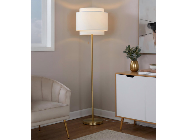 Tier 64' Contemporary Metal Floor Lamp in Gold Metal with Off-White Linen Shade