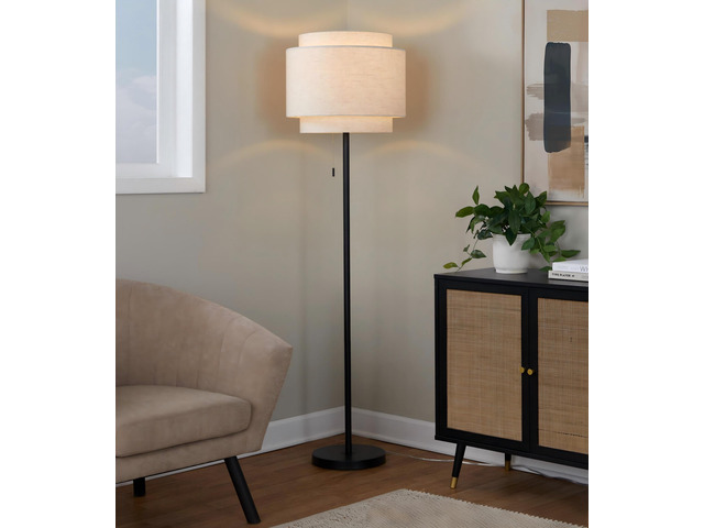 Tier 64' Contemporary Metal Floor Lamp in Black Metal with Beige Linen Shade