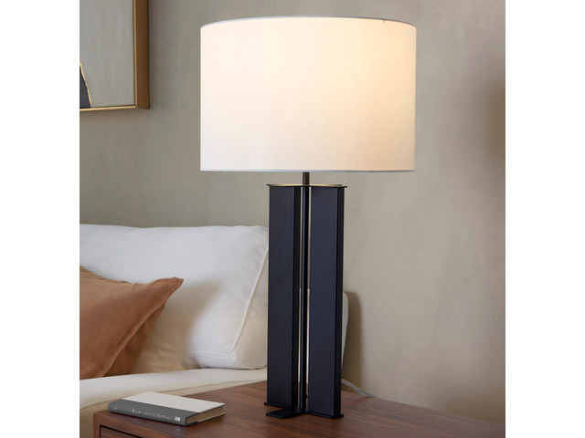 28' Contemporary Metal Table Lamp in Black Metal and White Linen