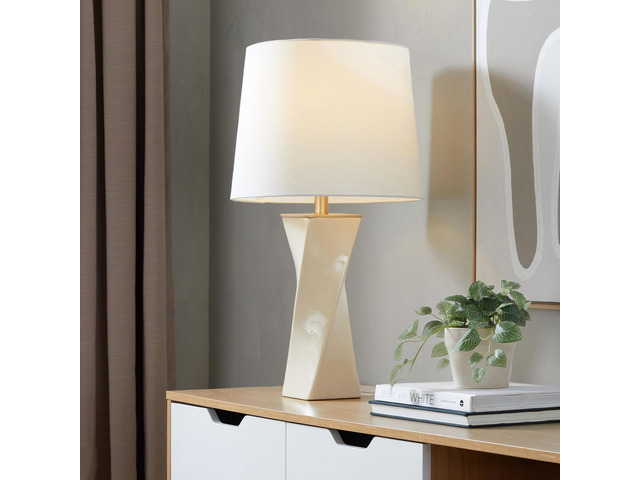 Square Contemporary 27' Ceramic Table Lamp in Cream Ceramic, Gold Metal, and White Linen