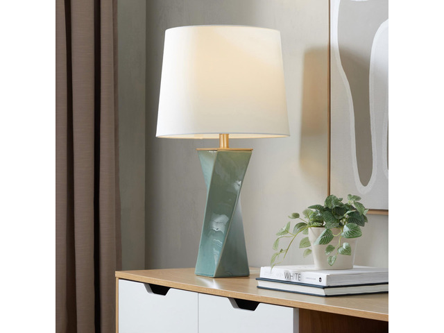 Square Contemporary 27' Ceramic Table Lamp in Sage Green Ceramic, Gold Metal, and White Linen