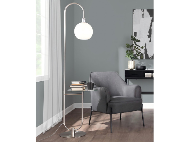 Trombone Contemporary Floor Lamp in Nickel Metal with Clear Glass Shelf
