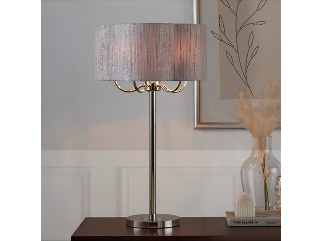 Lily 30' Contemporary Metal Table Lamp in Polished Nickel with Grey Linen Hardback Shade