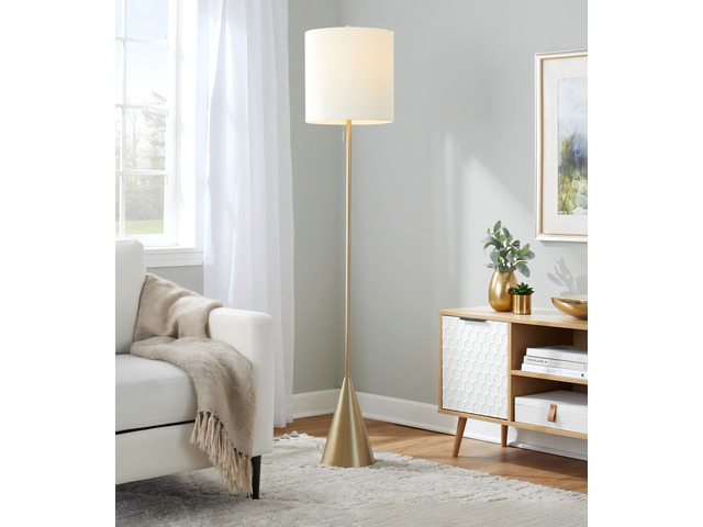 64' Contemporary Metal Floor Lamp in Gold Metal with White Linen Shade
