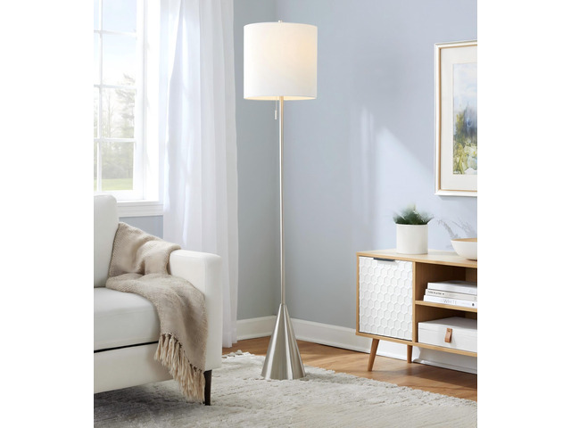64' Contemporary Metal Floor Lamp in Brushed Nickel with White Linen Shade