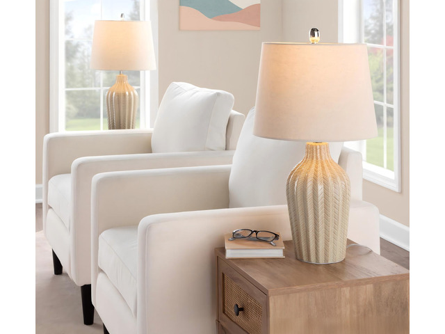 Rockwell 23' Contemporary Ceramic Table Lamp in Cuban Sand Ceramic, Polished Nickel and Natural Linen Shade From Grandview Gallery - Set Of 2