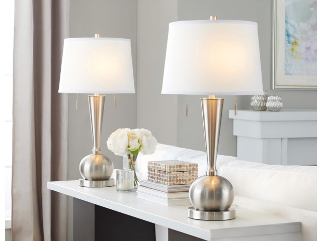 Jules 30.25' Contemporary Metal Table Lamp in Brushed Nickel with White Linen Shade and Built-in Usb Port From Grandview Gallery - Set Of 2