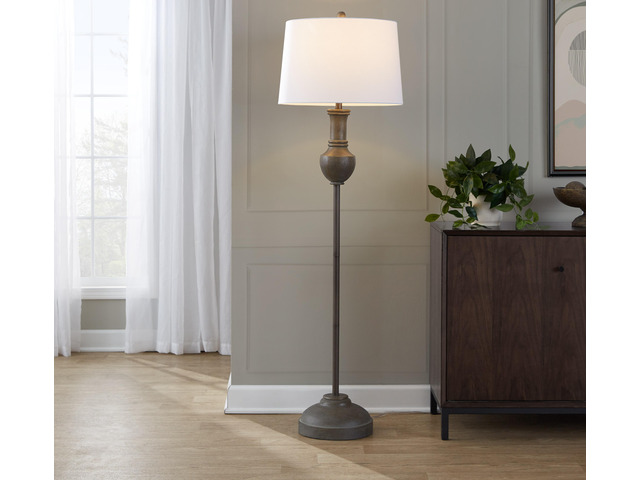 61' Contemporary Polyresin Floor Lamp in Acid Grey Wood Finish and White Linen Shade