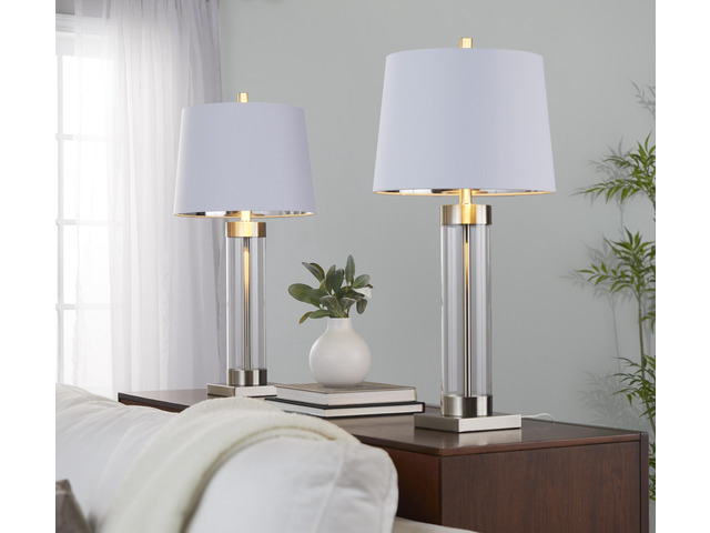30' Contemporary Glass Table Lamp in Clear Glass and Brushed Nickel with White Linen Shade From Grandview Gallery - Set Of 2