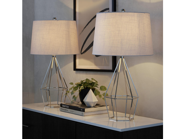 27' Contemporary Metal Table Lamp in Polished Nickel with White Linen Shade From Grandview Gallery - Set Of 2