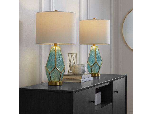 Table Lamp in Gold Metal with Turquoise Glass and White Linen Shade - Set Of 2
