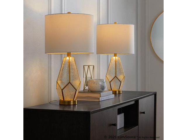 Glass 25' Table Lamp in Gold Metal and White Glass with White Linen Shade - Set Of 2