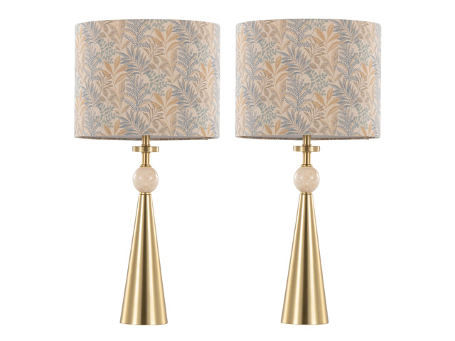 Table Lamp in Gold Metal Base with Travertine Stone and Tan Leaf Fabric Shade - Set Of 2