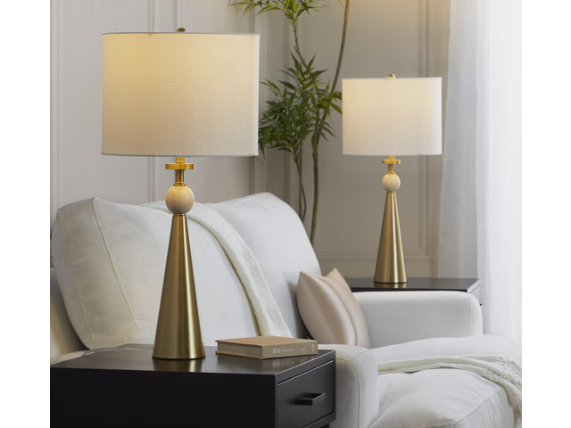 Table Lamp in Gold Metal Base with Travertine Stone and White Shimmer Shade - Set Of 2