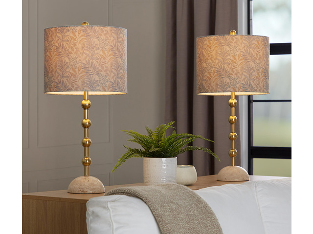 Table Lamp in A Travertine Base with Gold Metal and Decorative Tan Fabric Shade - Set Of 2