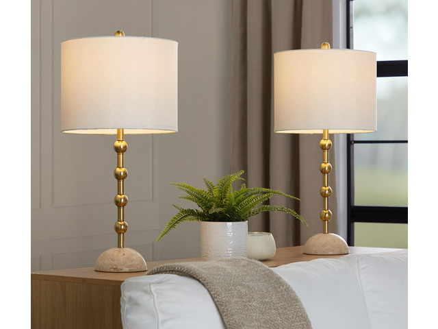 Table Lamp in Travertine Base with Gold Metal and Off-White Shimmer Fabric Shade - Set Of 2