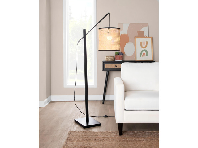 Arturo Contemporary Floor Lamp in Black Wood and Black Steel with Rattan Shade