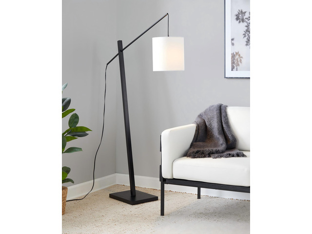 Arturo Contemporary Floor Lamp in Black Wood and Black Steel with White Fabric Shade