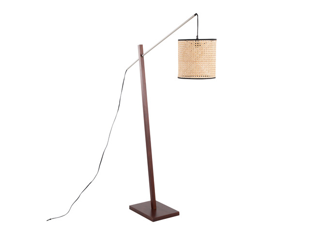Arturo Contemporary Floor Lamp in Walnut Wood and Satin Nickel with Rattan Shade
