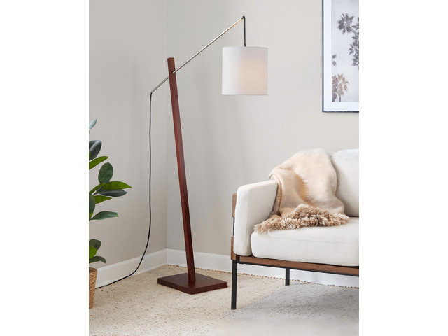 Arturo Contemporary Floor Lamp in Walnut Wood and White Fabric Shade
