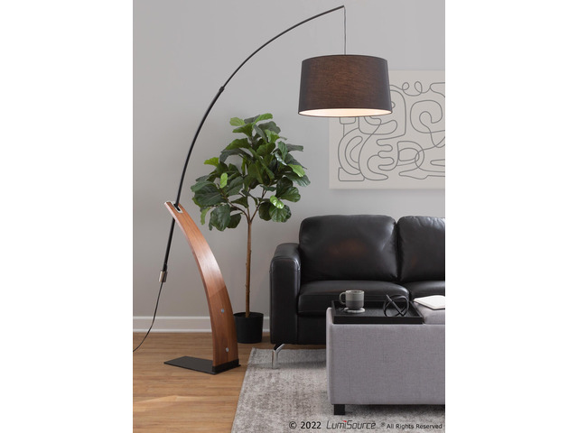 Mid-Century Modern Floor Lamp in Walnut Wood and Black Linen Shade