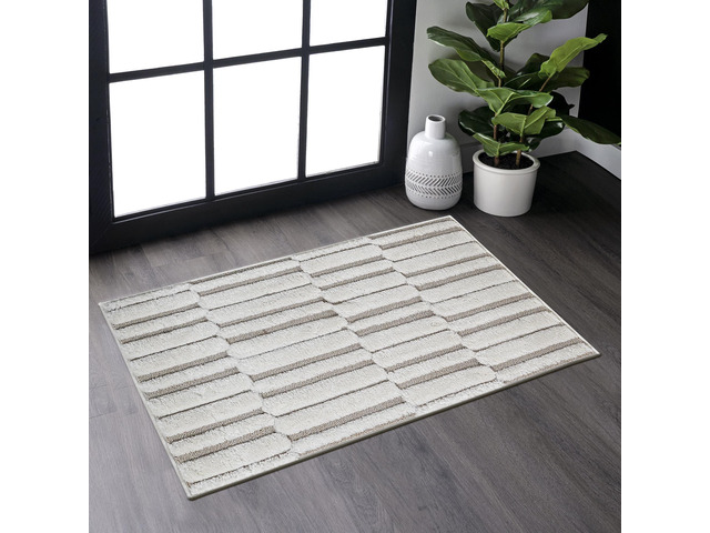 Step Collection High-Low Striped Beige/Cream Indoor Area Rug, 36*24 inch, Modern, Contemporary, Geometric, Bohemian, Bedroom, Kitchen, Living Room,...