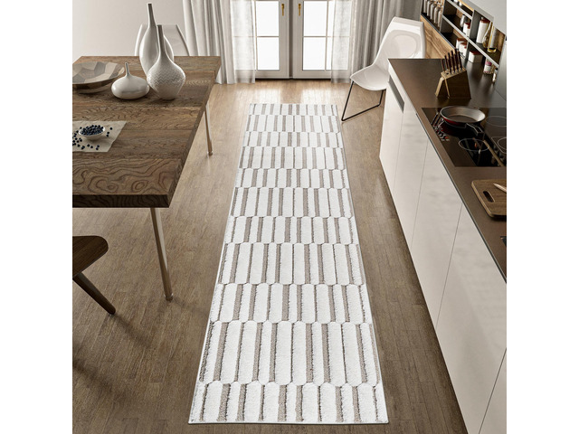 Step Collection High-Low Striped Beige/Cream Indoor Runner Rug, 96*26 inch, Modern, Contemporary, Geometric, Bohemian, Bedroom, Kitchen, Living...