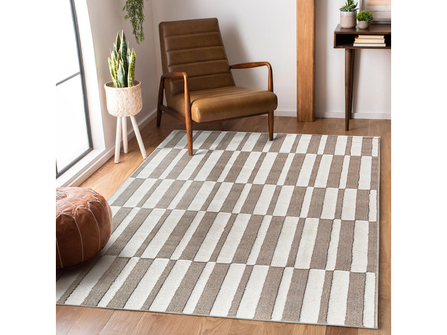 Step Collection High-Low Striped Beige/Cream Indoor Area Rug, 120*93 inch inch inch, Modern, Contemporary, Geometric, Bohemian, Bedroom, Kitchen,...