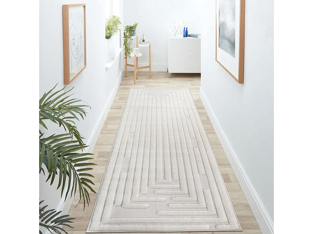Step Collection High-Low Striped Cream Indoor Runner Rug, 96*26 inch, Modern, Contemporary, Geometric, Bohemian, Bedroom, Kitchen, Living Room,...