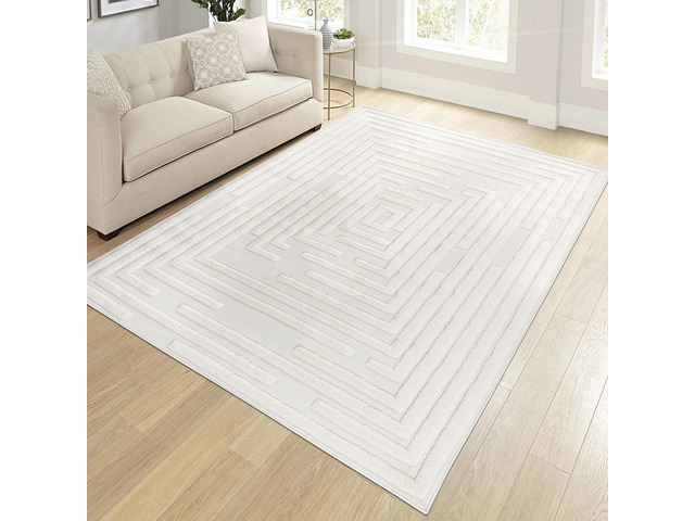 Step Collection High-Low Striped Cream Indoor Area Rug, 90*63 inch, Modern, Contemporary, Geometric, Bohemian, Bedroom, Kitchen, Living Room, Non...