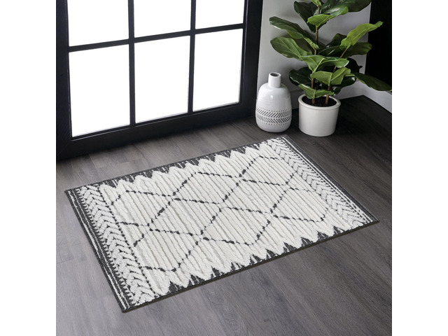 Step Collection High-Low Trellis Cream/Anthracite Indoor Area Rug, 36*24 inch, Modern, Contemporary, Geometric, Bohemian, Bedroom, Kitchen, Living...