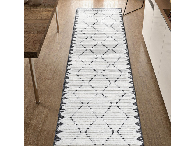Step Collection High-Low Trellis Cream/Anthracite Indoor Runner Rug, 96*26 inch, Modern, Contemporary, Geometric, Bohemian, Bedroom, Kitchen,...
