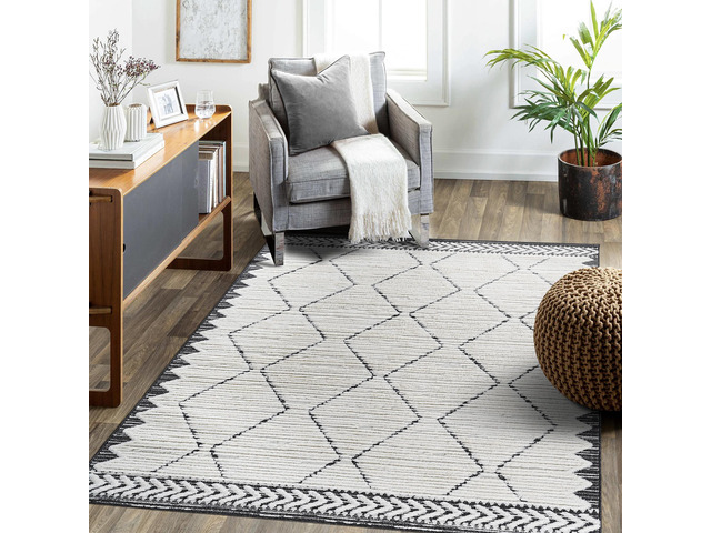 Step Collection High-Low Trellis Cream/Anthracite Indoor Area Rug, 144*108 inch, Modern, Contemporary, Geometric, Bohemian, Bedroom, Kitchen,...