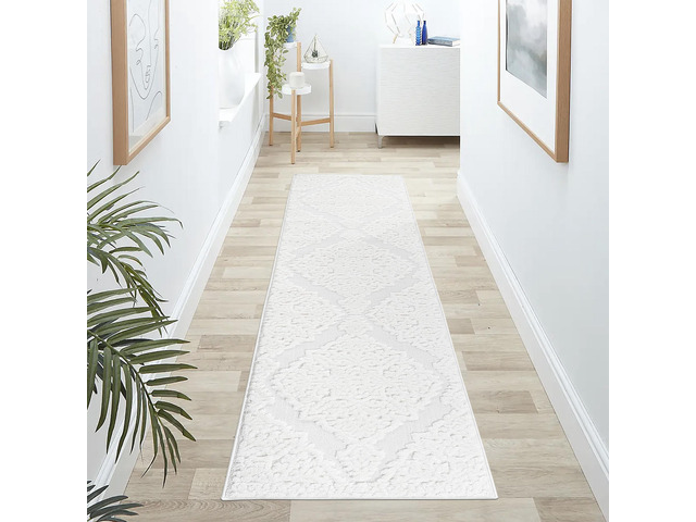 Step Collection High-Low Medallion Cream/Cream Indoor Runner Rug, 96*26 inch, Modern, Contemporary, Geometric, Bohemian, Bedroom, Kitchen, Living...