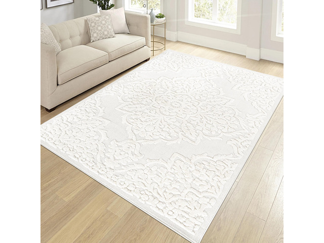 Step Collection High-Low Medallion Cream/Cream Indoor Area Rug, 120*93 inch inch inch, Modern, Contemporary, Geometric, Bohemian, Bedroom, Kitchen,...