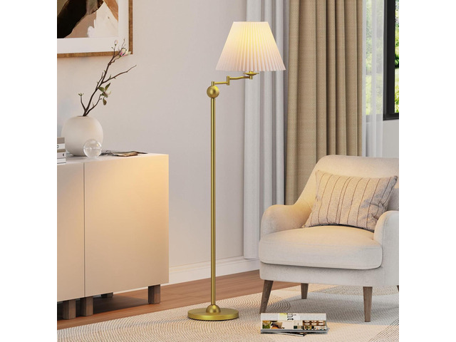64.25' Modern Mid-Century Floor Lamp for Living Room, Adjustable Swing Arm Floor Lamp, Gold Standing Lamp, Gold Lamp Body with White Pleated Shade,...