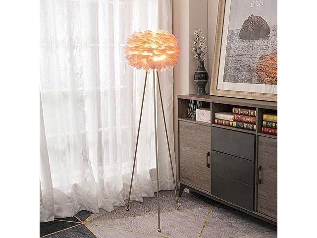 Modern Art Feather Floor Lamp, 60 inches Tall Metal Standing Lamp with Pink Feather Lampshade for Living Room, Bedroom, Office, Study, Hotel...