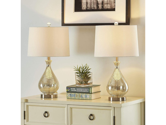 23' Modern Clear Water Glass Table Lamp with White Linen Shade and Polished Nickel Base (Set Of 2) for Bedroom, Office, College Dorm, Coffee Table,...