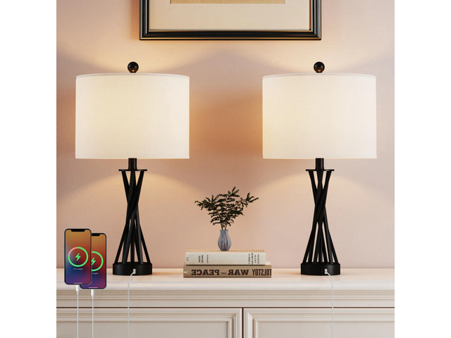 24' Modern Black Metal Table Lamp with Usb Type-C Ports and Linen Shade (Set Of 2) for Bedroom, Office, Living Room