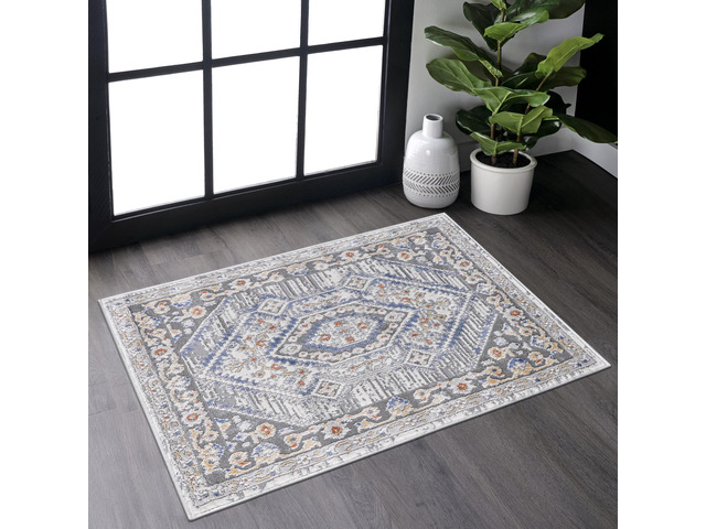 Collection 2X3 Blue/Cream/Bordered Non-Shedding Living Room Bedroom Dining Home Office Stylish and Stain Resistant Area Rug