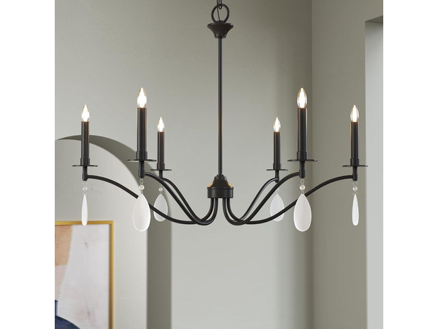 Black Chandelier, 6-Light Rustic Candelabra Chandeliers for Living Room, Lighting Fixtures Hanging with Crystal Teardrop, Metal Frame Ceiling...