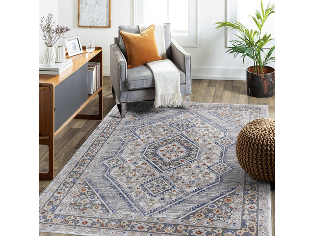 Collection 5X7 Blue/Cream/Bordered Non-Shedding Living Room Bedroom Dining Home Office Stylish and Stain Resistant Area Rug