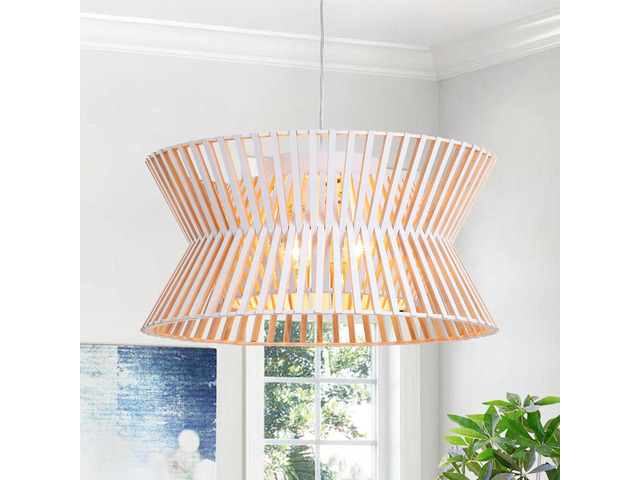 17.7'' Antique White Wooden Chandelier, 3-Light Pendant Light Fixture with Boho Wicker Shade, 3-Light Wood Farmhouse Ceiling Light for Living Room,...