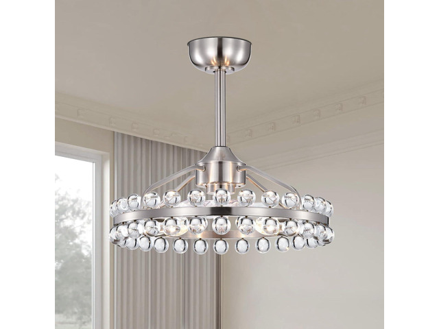 20.8'W Crystal Ceiling Fans with Lights and Remote,Modern Caged Ceiling Fan with Light,Nickel Flush Mount Ceiling Fan with Reversible 7 Blades 6...