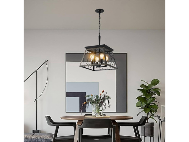 16' Black Gold industrial 4-Light Pendant Chandelier, Modern Metal Cage Design, Adjustable Hanging Light for Dining Room, Kitchen, Living Room (No...