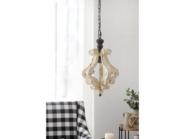 Farmhouse Chandeliar, Distressed White Pendant French Country Wood Chandelier for Living Room Foyer, Bulb Not included