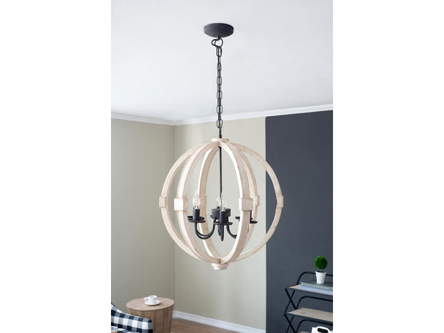 6 - Light Wood Chandelier, Hanging Light Fixture with Adjustable Chain for Kitchen Dining Room Foyer Entryway, Bulb Not included